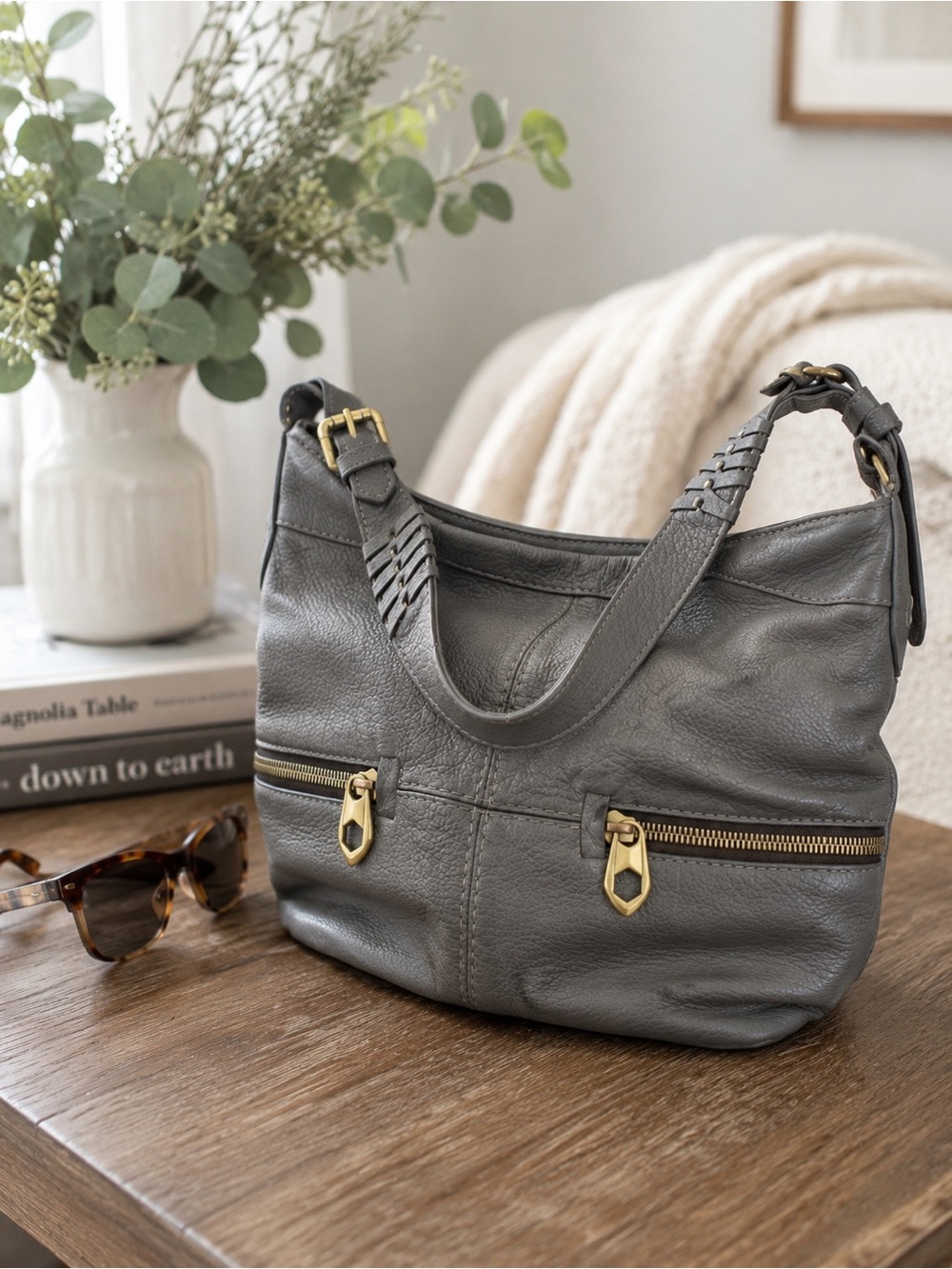 orYANY Gray  Leather Shoulder Bag with Brass Accents